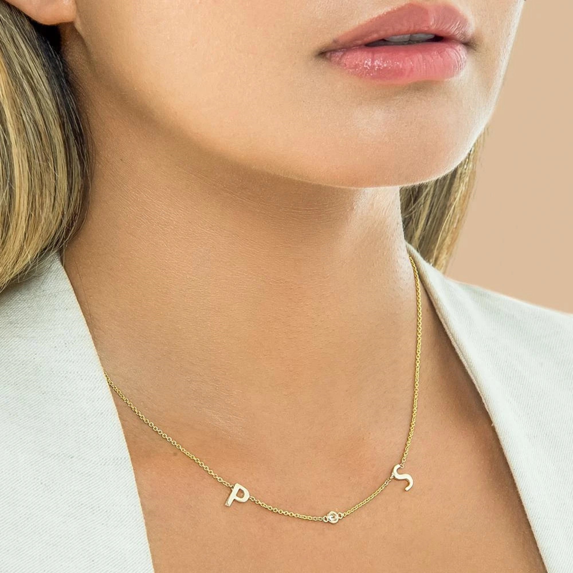 14K Solid Gold Two Letter Diamond Necklace Solid Gold Letter Etsy