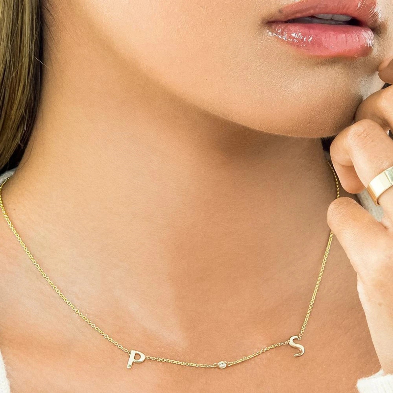 14K Solid Gold Two Letter Diamond Necklace Solid Gold Letter Etsy
