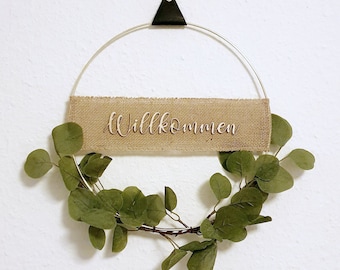 Cerceau en métal avec feuilles d'eucalyptus 30 cm + lettrage en bois | "Bienvenue", personnalisé | Décoration mur/porte | Cadeau ou pour vous-même