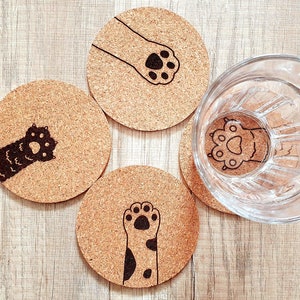 Cork coasters cat paws set of 4 approx. 9.5 cm | Cat lovers velvet paws | Birthday, gift or for yourself | customizable