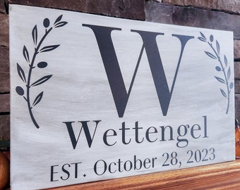 Namensschild, Familienname-Monogramm, antikisiert, personalisiertes Hochzeitsschild, etabliertes Schild, Monogrammschild, Hochzeitsgeschenk, Jubiläumsgeschenk