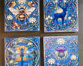 Outlander Stag Bee Dragonfly Thistle Stained Glass Design Ceramic Coasters