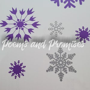 May include: A white background with purple and gray snowflakes. The text "Poems and Promises" is written in black cursive.