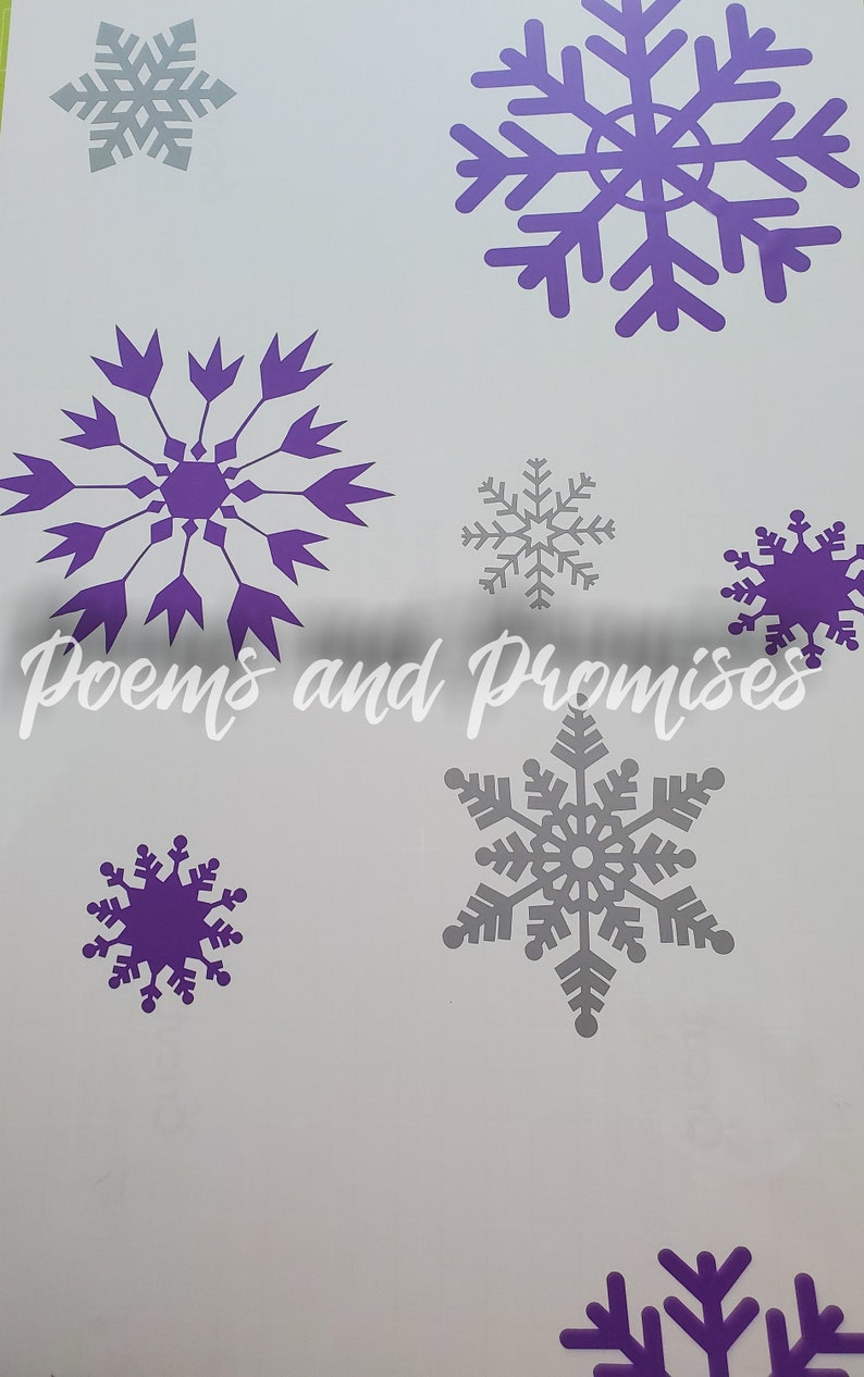 May include: A white background with purple and gray snowflakes. The text "Poems and Promises" is written in black cursive.