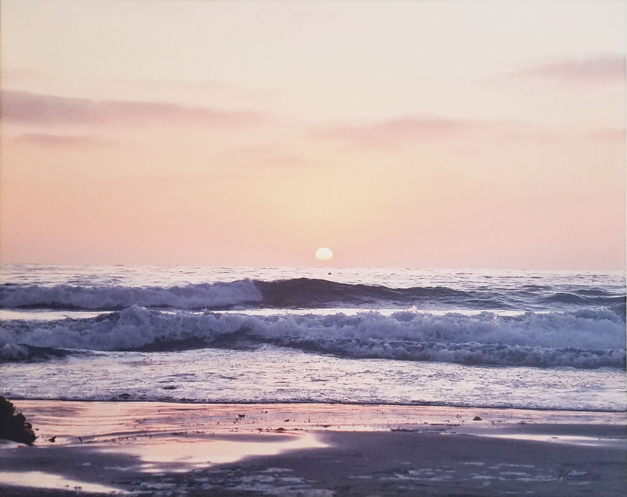 Pink Peach Sunset  Ocean Waves Photographie Toile Imprimer  