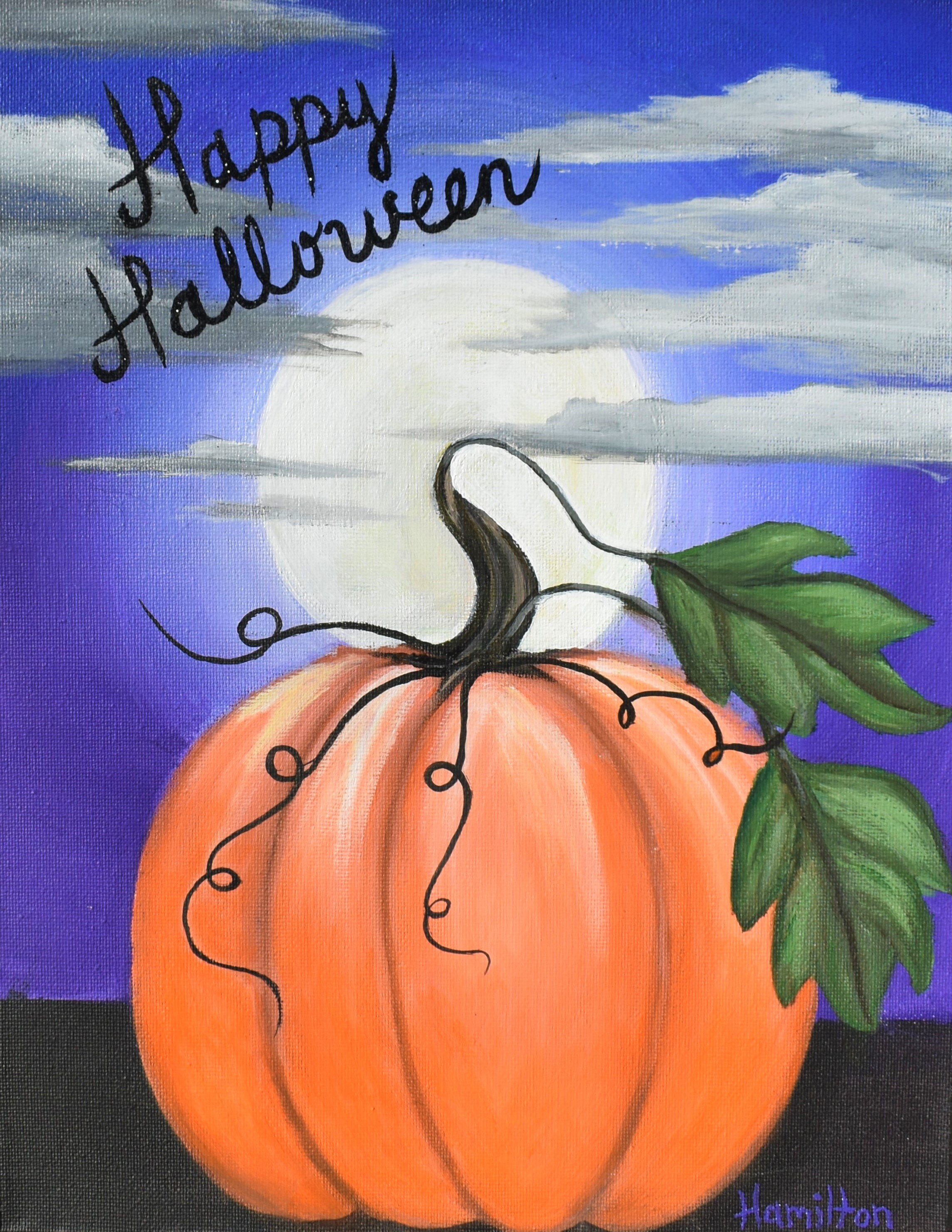 Happy Halloween Fall Pumpkin Full Moon Acrylic Painting Framed 11