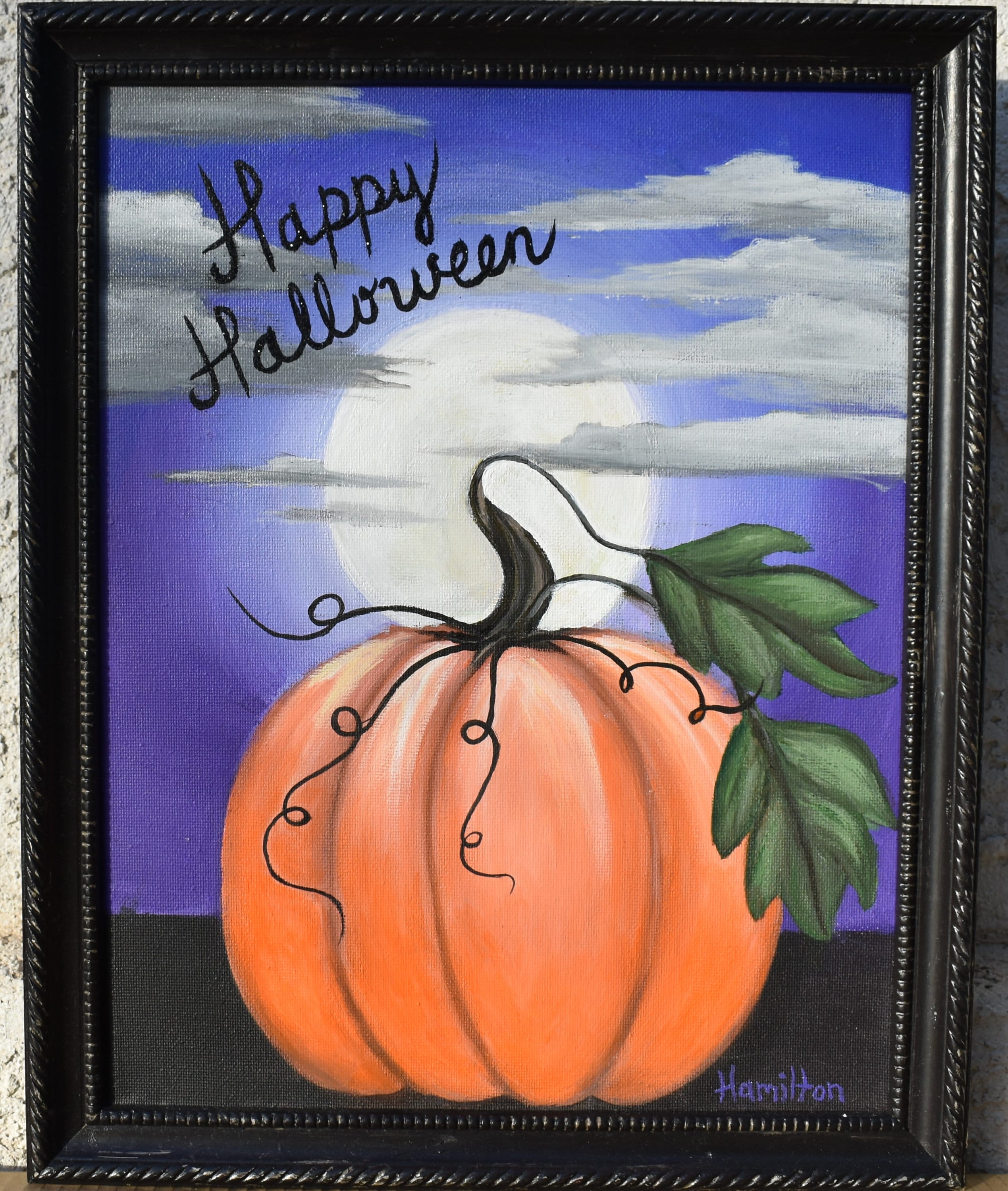 Happy Halloween Fall Pumpkin Full Moon Acrylic Painting Framed 11