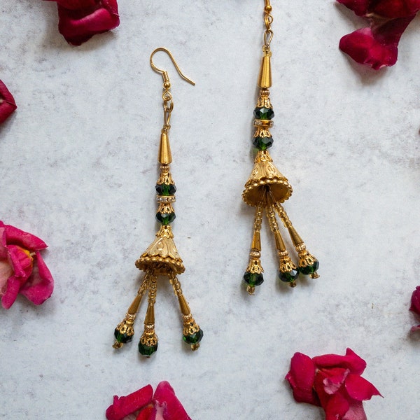 Gold and Green Beaded Earrings, Gold Tassel Earrings, Boho Earrings, Jhumka, Jhumki, Gift under 35, Gift for Her, Statement Earrings