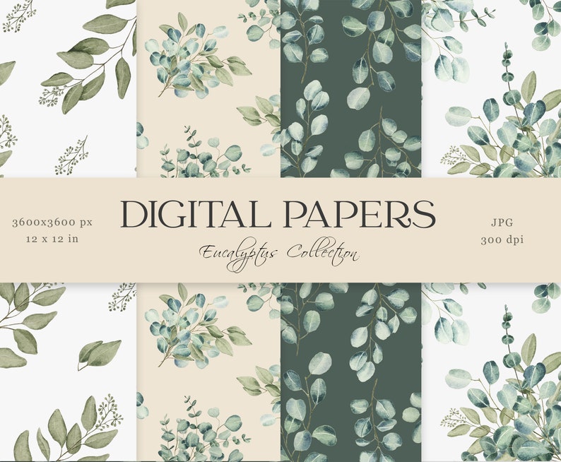 Watercolor Eucalyptus Digital Papers Scrapbook Papers Set Etsy