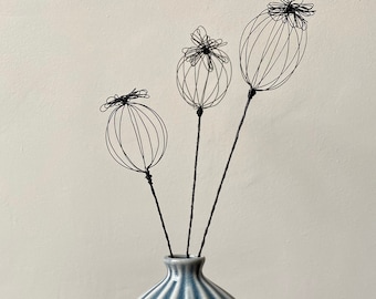 Handcrafted Wire Poppy Seed Head collection-Three handmade wire flower heads-Wire Sculpture-Everlasting floral stems-Housewarming gift