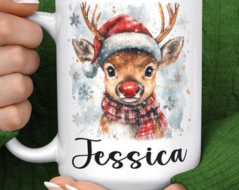Regalo de Navidad de reno - Taza de reno de Navidad personalizada - Regalo para amantes de los renos - Taza de Navidad personalizada - Taza de reno de nariz roja de Papá Noel