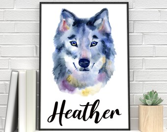 Wolf Print - Personalised  Wolf Watercolour Print - Custom Wolf Poster - Wolf Lover Gift - Wolf Wall Art - Wolf Dog Gifts