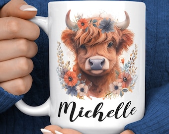 Highland Cow Mug - Personalised Highland Cow Coffee Cup - Cow Lover Birthday Gifts for Women - Cute Highland Cattle Gift - Scottish Cow