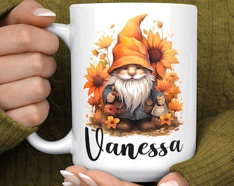 Sunflower Gnome Mug - Personalised Gnome Sunflower Gift For Gnome Lover - Cute Fall Gnome Mug with Sunflowers - Gift for Her