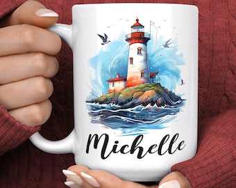 Lighthouse Mug - Lighthouse Coffee Mug - Lighthouse Gifts - Personalized Lighthouse Mug - Customized Ocean Waves Beach Custom Gift