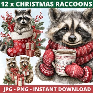 May include: Digital artwork of raccoons in a Christmas setting. One raccoon is in a stocking with gifts, others hold presents. One raccoon wears a red scarf and mittens, holding a mug. The text reads "12 x CHRISTMAS RACCOONS" and "JPG - PNG - INSTANT DOWNLOAD".