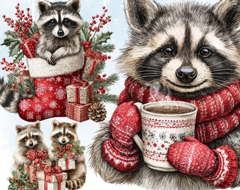 Watercolor Christmas Raccoons Clipart Set, Vintage Raccoons PNG Digital Download, Holiday Craft Supplies, Instant Print Ready Files