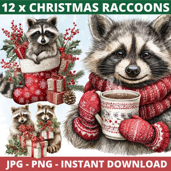 Watercolor Christmas Raccoons Clipart Set, Vintage Raccoons PNG Digital Download, Holiday Craft Supplies, Instant Print Ready Files