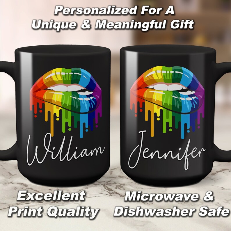 May include: Two black coffee mugs with a rainbow dripping lips design. The mugs are personalized with the names "William" and "Jennifer".