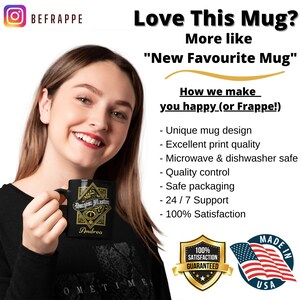 May include: Black ceramic mug with a gold design featuring a Dungeons and Dragons inspired logo and the text "Dungeon Master" and "Andrea". The mug is held by a person. The text "Love This Mug? More like "New Favourite Mug" is displayed above the mug. The text "How we make you happy (or Frappe!)" is displayed below the mug. A list of features is displayed below the text, including "Unique mug design", "Excellent print quality", "Microwave & dishwasher safe", "Quality control", "Safe packaging", "24/7 Support", and "100% Satisfaction". A red, white, and blue American flag is displayed in the bottom right corner of the image. A gold star-shaped seal with the text "100% Satisfaction Guaranteed" is displayed in the bottom center of the image.