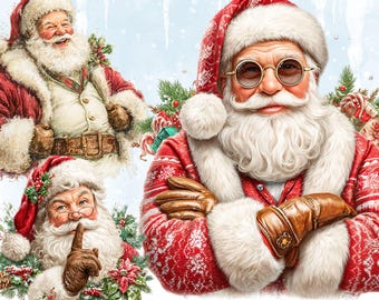 May include: Digital illustrations of Santa Claus in different poses. Santa is depicted in a red suit with white fur trim, a matching hat, and brown gloves. The image includes the text "12 x CHRISTMAS SANTA" and "JPG - PNG - INSTANT DOWNLOAD".
