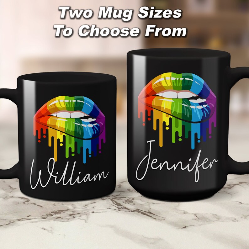 May include: Two black mugs with a rainbow dripping lips design and personalized names. The mug on the left says "William" and the mug on the right says "Jennifer".