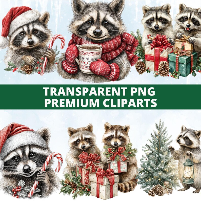 May include: Watercolour illustrations of raccoons in festive holiday attire. Some raccoons wear Santa hats, scarves, and mittens, holding gifts, candy canes, and mugs. The image includes the text "TRANSPARENT PNG PREMIUM CLIPARTS".