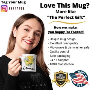 May include: White ceramic mug featuring a floral design with lemons and the name "Kelianne". The mug is held by a person. Text on the mug reads "Love This Mug?" and "The Perfect Gift". Additional text includes "Unique mug design" and "100% Satisfaction Guaranteed".