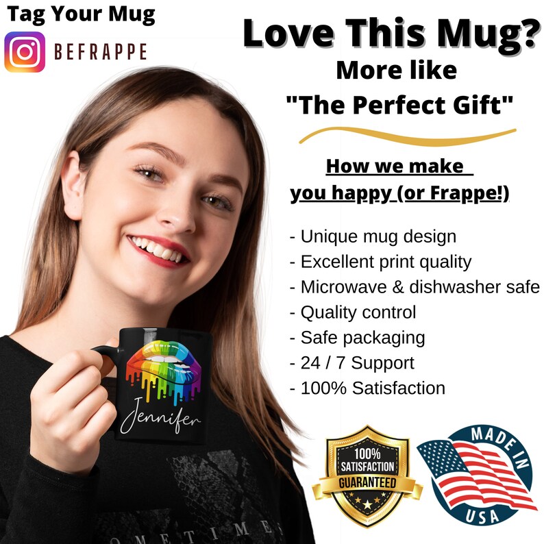 May include: A black coffee mug with a rainbow-colored dripping lipstick design and the name "Jennifer" printed on it. The mug is being held by a person. The text "Love This Mug? More like "The Perfect Gift" is printed on the right side of the image.