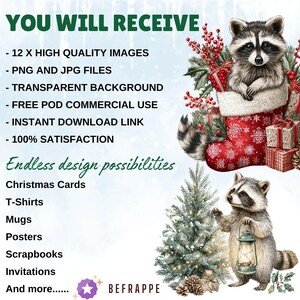 May include: Digital image with text reading "YOU WILL RECEIVE" and a list of features. The image features illustrations of raccoons, a Christmas stocking, a Christmas tree, and gift boxes. The text also mentions "Endless design possibilities" and product ideas.