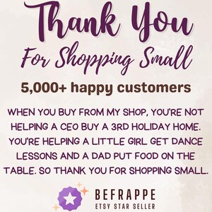 May include: A graphic with the text "Thank You For Shopping Small" in purple script. It also includes the text "5,000+ happy customers" and a message about supporting small businesses. The Etsy Star Seller logo is at the bottom.
