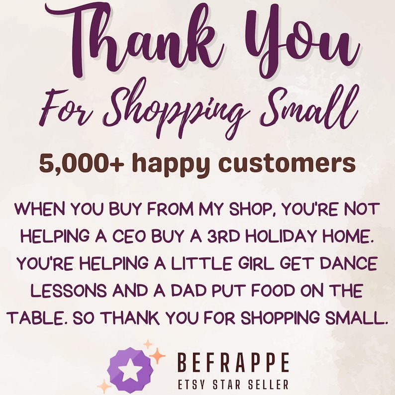 May include: A graphic with the text "Thank You For Shopping Small" in purple script. It also includes the text "5,000+ happy customers" and a message about supporting small businesses. The Etsy Star Seller logo is at the bottom.
