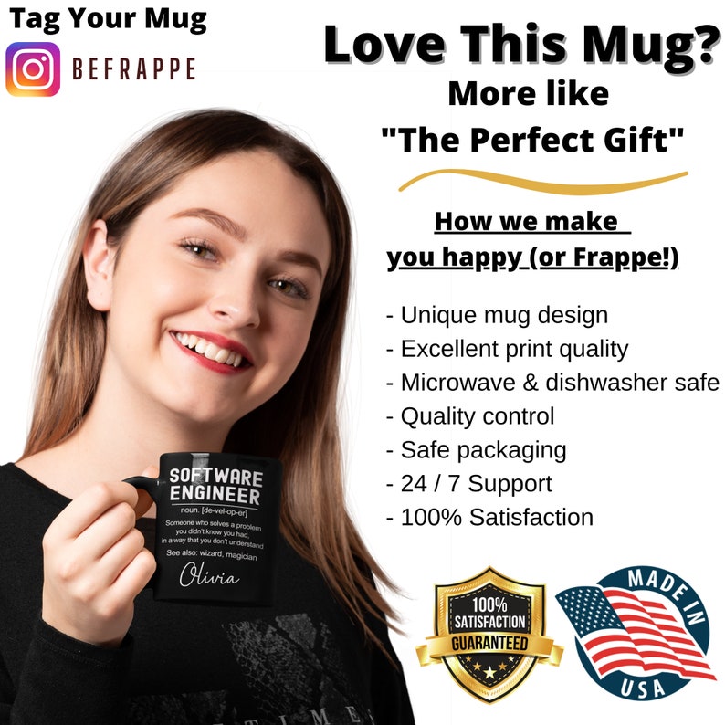 K&ouml;nnte beinhalten: Schwarze Keramiktasse mit einem wei&szlig;en Design, auf dem "Software Engineer" steht und eine Definition des Begriffs enthalten ist. Die Tasse tr&auml;gt au&szlig;erdem den Namen "Olivia". Die Tasse wird von einer Frau mit einem l&auml;chelnden Gesicht gehalten. Der Hintergrund enth&auml;lt den Text "Love This Mug? More like "The Perfect Gift"" und eine Liste von Gr&uuml;nden, warum die Tasse ein tolles Geschenk ist.