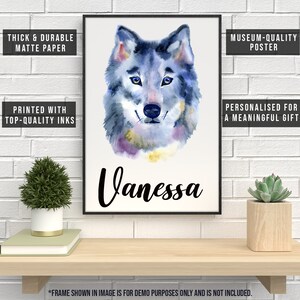 May include: A framed watercolor print of a wolf's face in shades of blue, purple, and yellow. The name "Vanessa" is written below the image in cursive. Text on the frame reads "Thick & Durable Matte Paper," "Printed with Top-Quality Inks," and "Museum-Quality Poster."