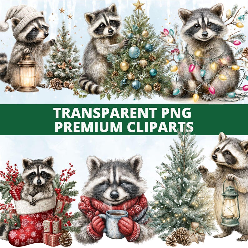 May include: A series of watercolour illustrations showing raccoons in festive holiday scenes. The raccoons are shown with Christmas trees, lights, and winter accessories. The text "TRANSPARENT PNG PREMIUM CLIPARTS" is displayed across the image.