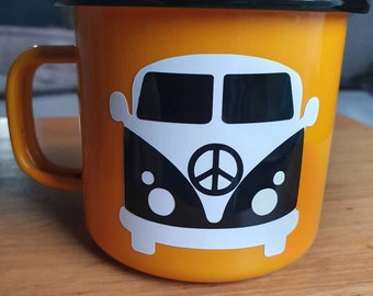 Enamel mug with a VW  campervan theme,350ml,metal mug, metal camping mug, campers mug, VW campervan lover, tin camping mug, vinyl lettering