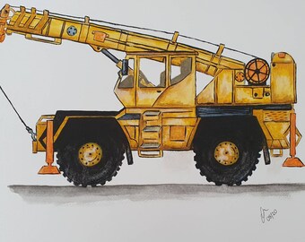 Crane construction vehicle giclee print. Nursery/toddler/child wall art crane children's wall art watercolour prints construction lover