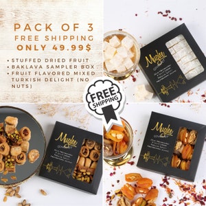 Cesta de presente gourmet Mughe Super pacote de três Baklava Turkish Delight Frutas secas