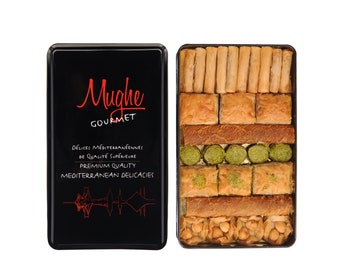 Mughe Gourmet Luxury Assorted Turkish Baklava Pastry Gift Tin Box 600g / 1.32lb (38-40 pcs)  Handmade Bitesize Baklawa Sweet