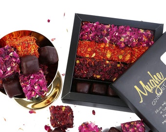 Luxury Turkish Delight Pistachio Assorted 25 pieces, 15 Oz Chocolate, Rose Petal, Saffron, Zereshk, Pomegranate Flavor