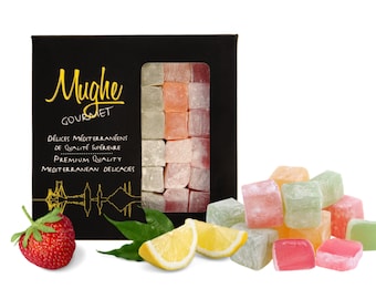 Delicias turcas de lujo con sabor a frutas mixtas Dulces gourmet Mughe, dulces veganos, regalos del día de las madres, Muttertagsgeschenk