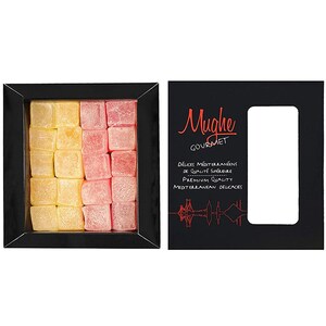 May include: A black box with a clear window showing a variety of pink and yellow Turkish delight. The box has the text "Mughe Gourmet" and "Delices Mediterraneens de Qualite Superieure Premium Quality Mediterranean Delicacies" printed on it.