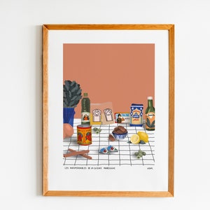 May include: A framed illustration of a still life featuring various ingredients for Moroccan cooking. The ingredients include olive oil, spices, dates, lemons, and a can of tomatoes. The text on the image reads "Les Indispensables de la Cuisine Marocaine".