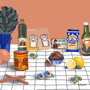 May include: A still life featuring a variety of Moroccan ingredients and spices, including a can of harissa paste, a box of couscous, a box of cumin, a box of ras el hanout, a jar of olives, a bottle of olive oil, dates, lemons, cinnamon sticks, and a small blue and white bowl.
