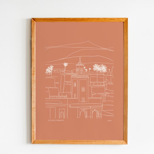 Croquis Vue des toits, Koutoubia, Marrakech, Affiche A3, Poster Maroc, idée cadeau