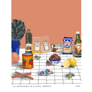 May include: A still life illustration of Moroccan cooking ingredients, including a can of harissa, a bag of couscous, a bottle of olive oil, lemons, dates, and cinnamon sticks. The text "LES INDISPENSABLES DE LA CUISINE MAROCAINE" and "KRAM." are written on the table.