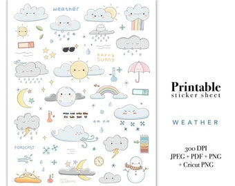 Weather Printable Planner Stickers, Weather Commercial Use Clipart Icons, Cute Kawaii Sun Cloud Rain Bullet Journal Cricut Friendly Stickers