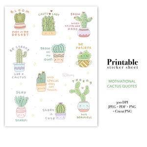 Pegatinas imprimibles de cactus motivacionales para planificadores, lindas pegatinas digitales kawaii compatibles con Cricut, citas de cactus y suculentas para uso comercial