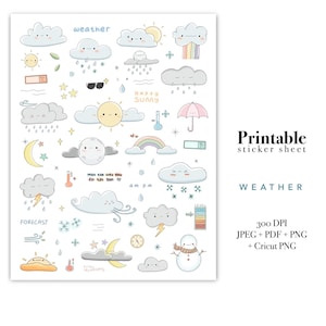 Planificateur imprimable autocollants météo, météo à usage commercial Clipart icônes, mignon Kawaii soleil nuage pluie Bullet Journal Cricut Friendly Stickers