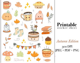 Può includere: Un foglio di adesivi stampabile con illustrazioni a tema autunnale. Il foglio include immagini di una zucca, tazze, foglie, una torta, un cappello, una candela, calzini, una pianta, libri, una ghianda e un fungo. È incluso anche il testo "Autumn Edition".